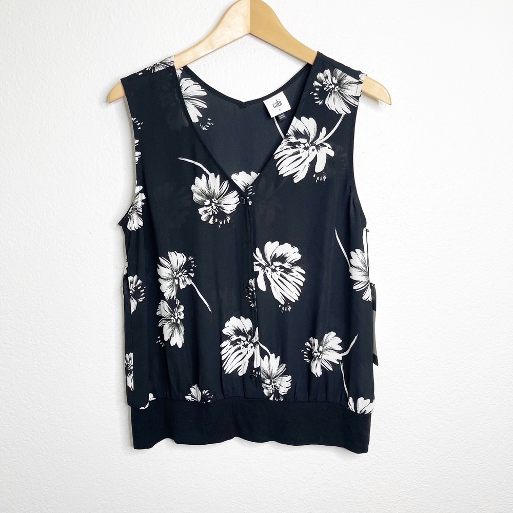 Cabi Midnight Sun Top 4354 Black White Floral Sleeveless Blouse Small NWT